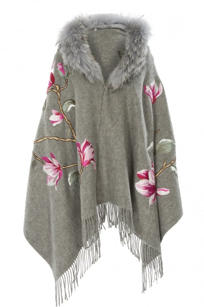 JAYLEY Grey Cashmere Blend Detachable Fox Fur Collar Wrap