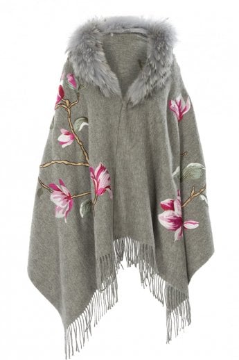 Grey Cashmere Blend Detachable Fox Fur Collar Wrap