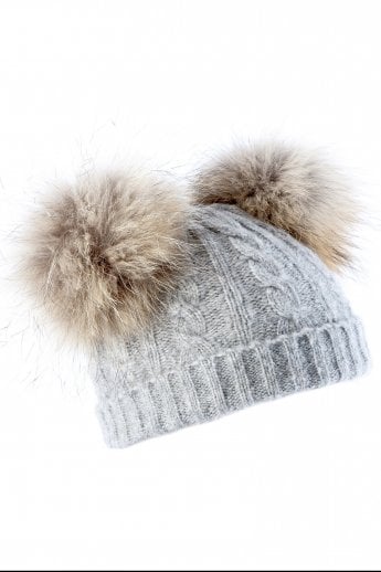 Grey Cashmere Blend dual bobble Fox Fur Hat