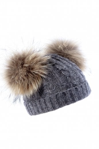 Grey Cashmere Blend dual bobble Fox Fur Hat