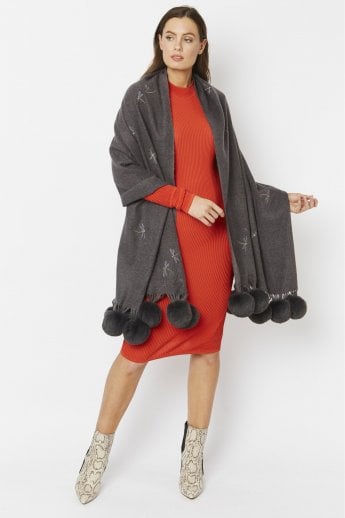 Grey Cashmere Blend Embroidered Dragonfly Pompom Wrap