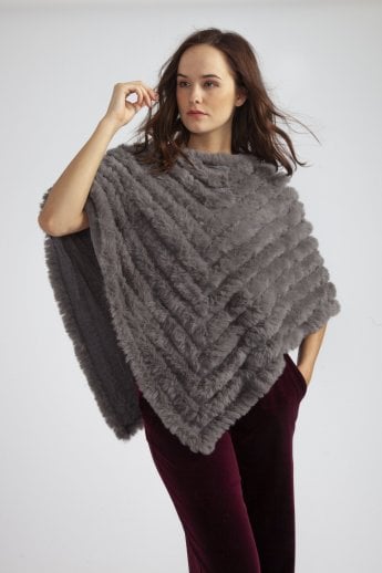 Grey Cashmere Blend Faux Fur Poncho
