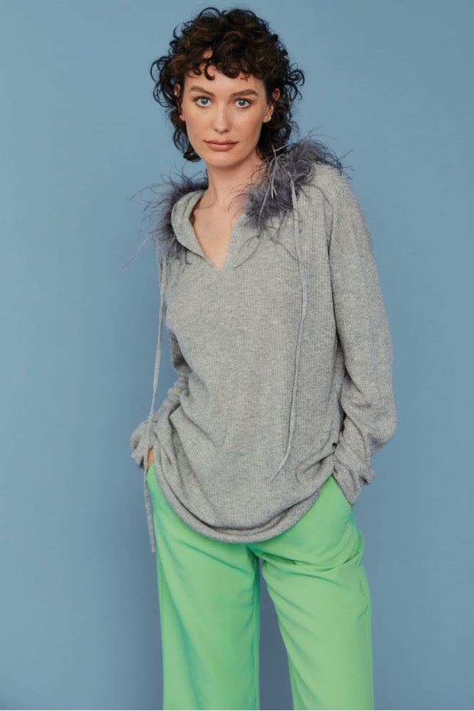 JAYLEY Grey Cashmere Blend Hooded Jumper with Feathered Hood