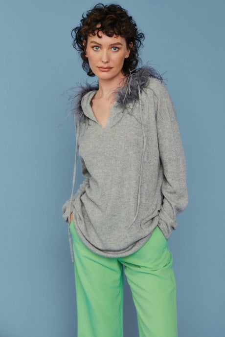Grey Cashmere Blend Hooded Jumper with Feathered Hood