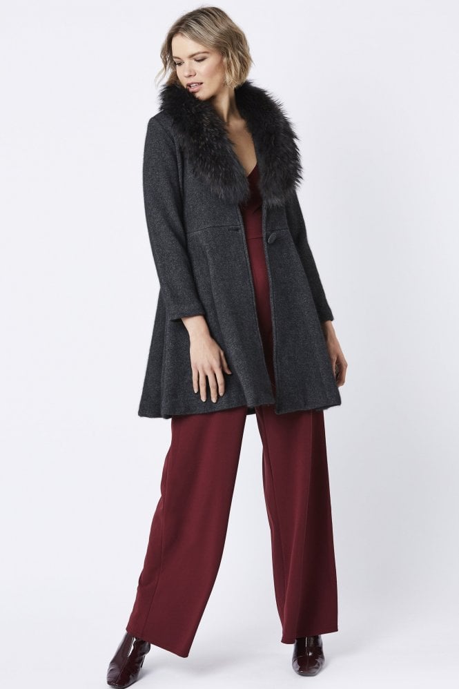 JAYLEY Grey Cashmere Coat with Fox Fur Collar