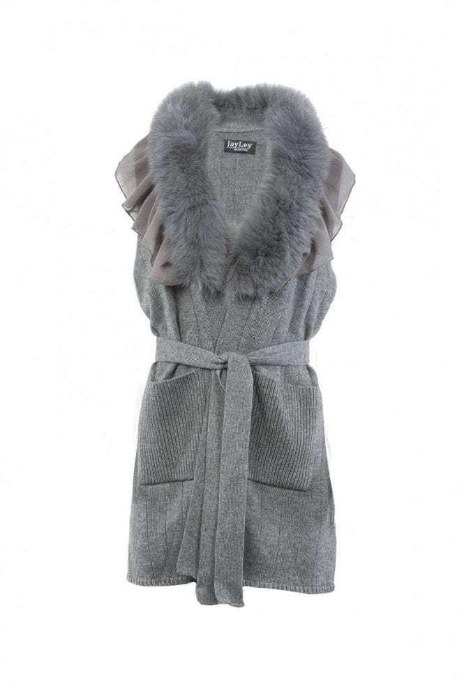 JAYLEY Grey Cashmere Gilet With Fox Fur Feature Collar