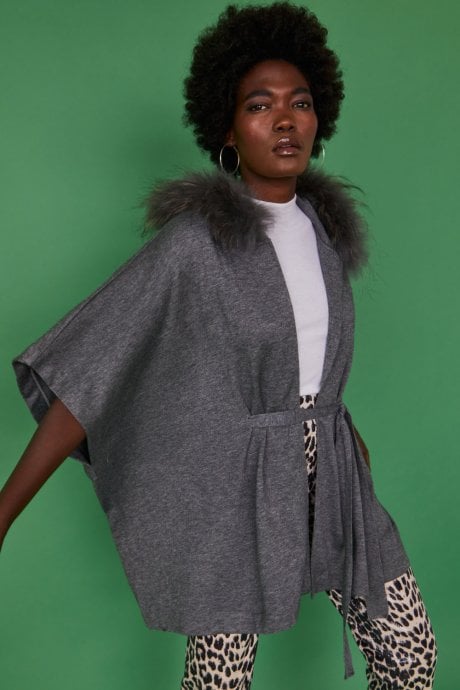 Grey Cashmere Hooded Fox Fur Belted Cape