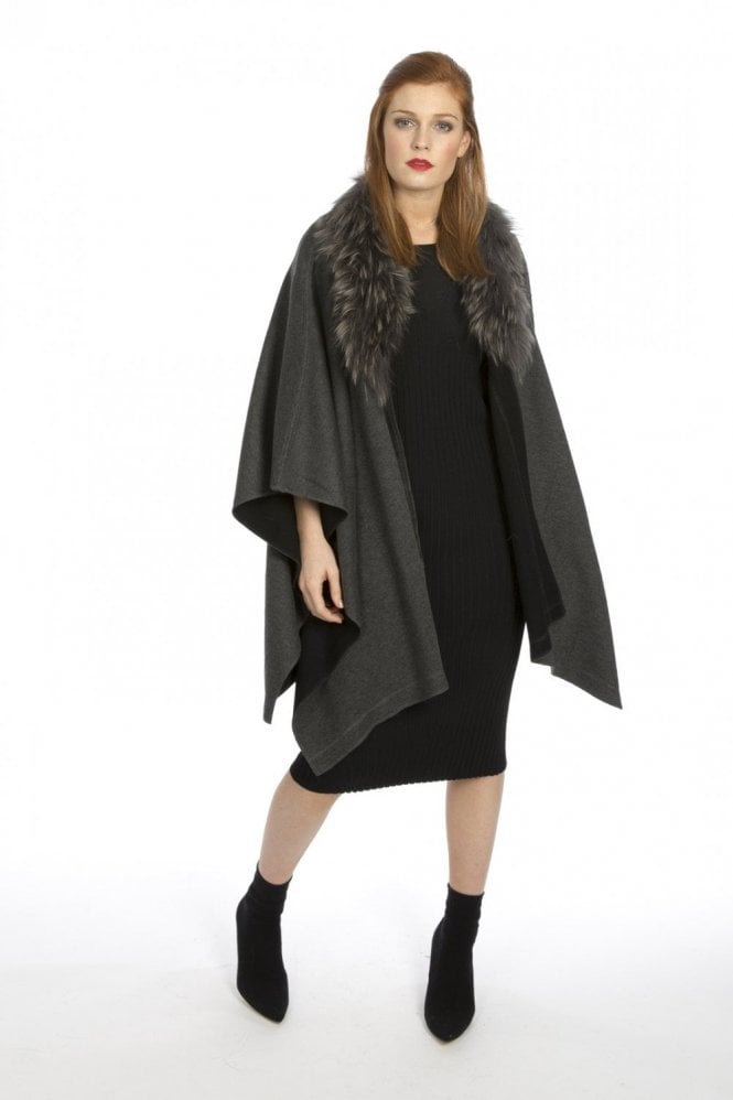 JAYLEY Grey Cashmere Silk Fur Trim Cape