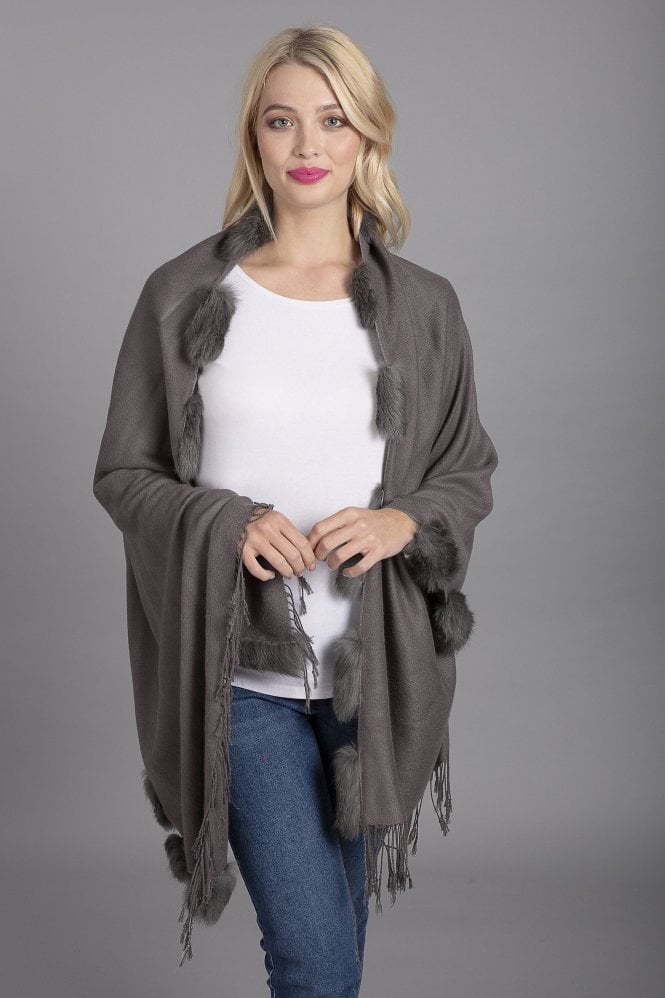 JAYLEY Grey Cashmere Wrap with Coney Fur Trim