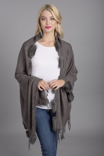 Grey Cashmere Wrap with Coney Fur Trim