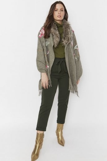 Grey Cashmere Wrap with Fur Collar