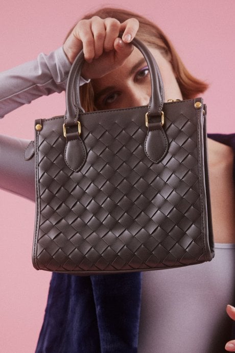Grey Classic Woven Leather Basket Bag