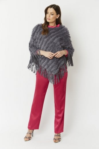 Grey Coney Fur and Faux Suede Poncho