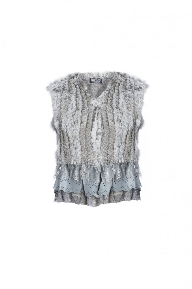 JAYLEY Grey Coney Fur Gilet with Leather Lace trim