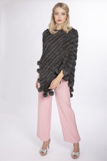 Grey Coney Fur Poncho with Pom Poms