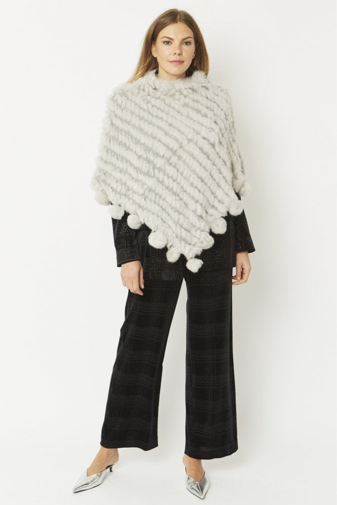 JAYLEY Grey Coney Fur Poncho with Pom Poms