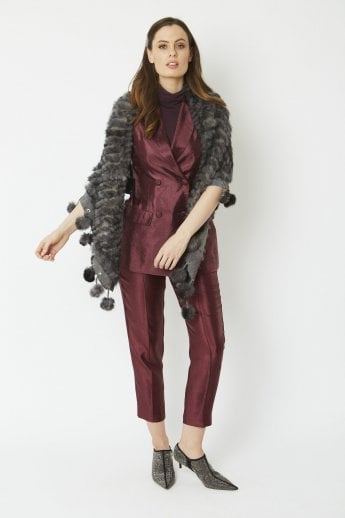 Grey Coney Fur Shawl with Pom Poms