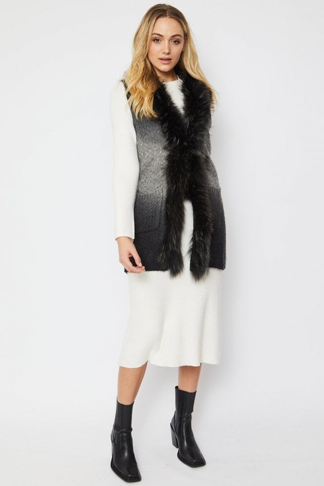 JAYLEY Grey Dip Dyed Fine Knitted Fur Trim Gilet