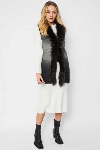 Grey Dip Dyed Fine Knitted Fur Trim Gilet