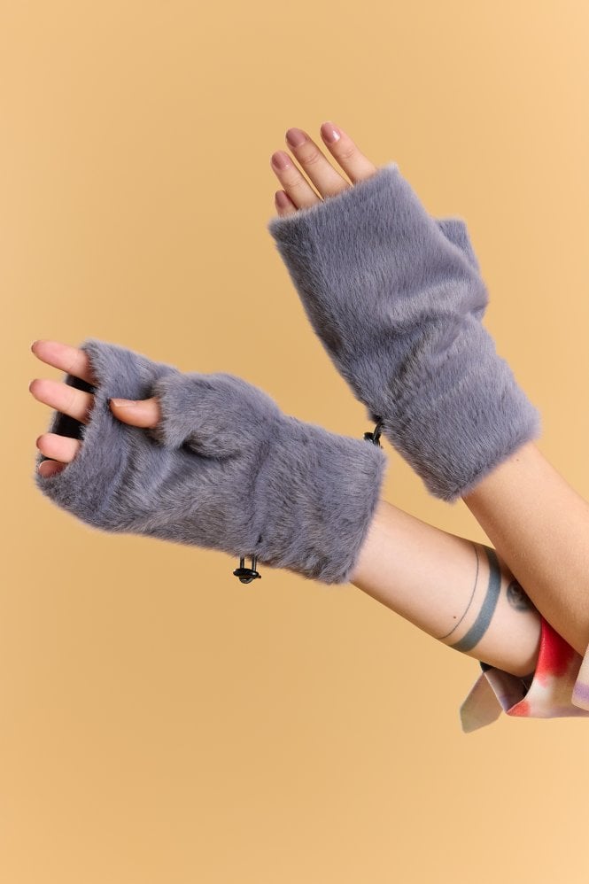 JAYLEY Grey Faux Fur Adjustable Fingerless Gloves