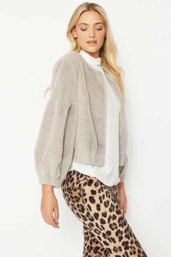Grey Faux Fur Cropped Jacket with Puff Sleeves