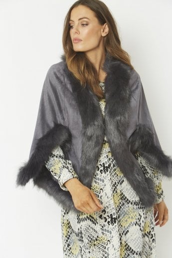 Grey Faux Fur Faux Suede Cape Jacket