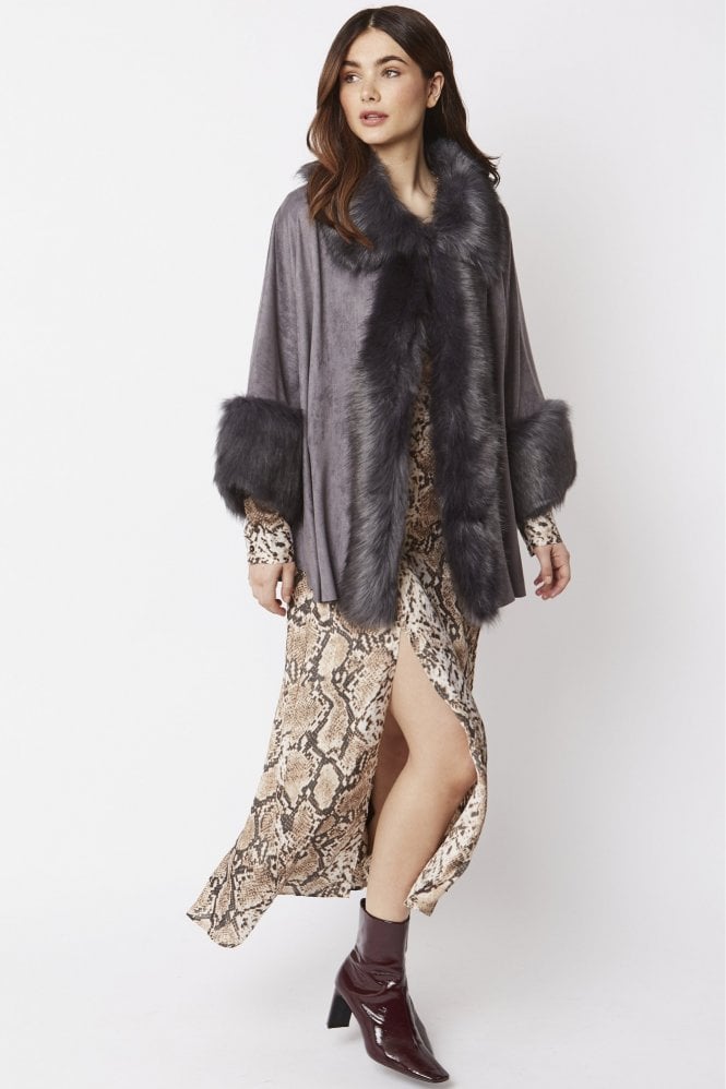 JAYLEY Grey Faux Fur Faux Suede Cape