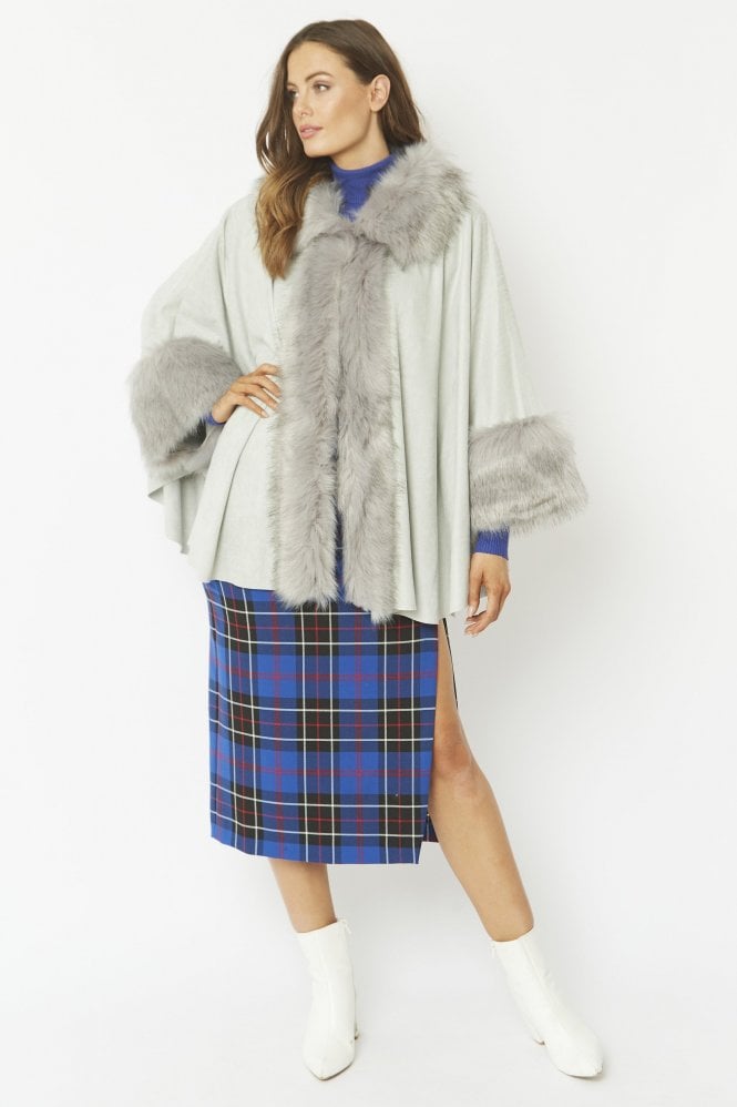 JAYLEY Grey Faux Fur Faux Suede Cape