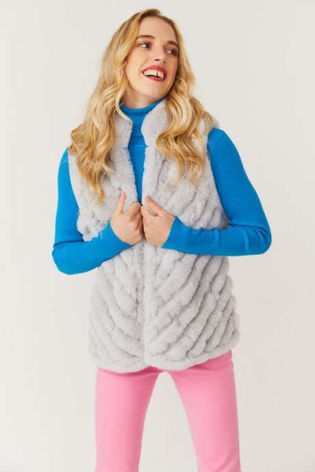 Grey Faux Fur Faux Suede Diagonal Stripe Gilet | Waistcoat