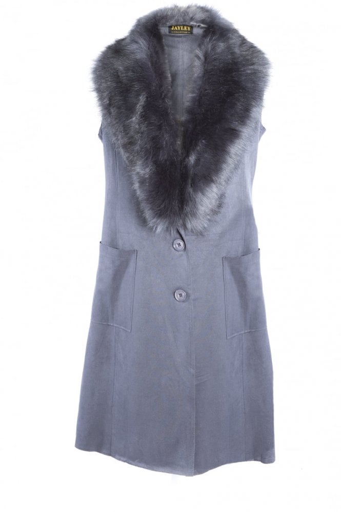 JAYLEY Grey Faux Fur Faux Suede Gilet