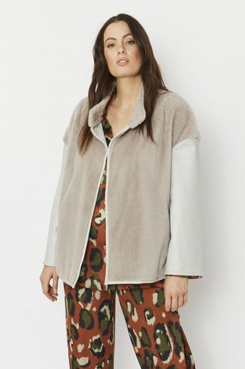 Grey Faux Fur Jacket with Leather Effect Sleeve