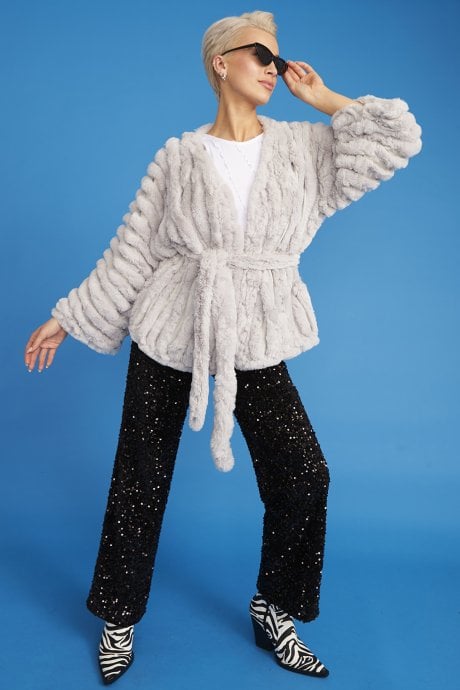 Grey Faux Fur Kimono Jacket