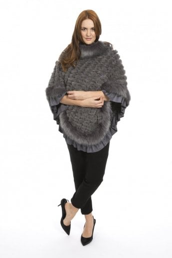 Grey Faux Fur Knitted Faux Suede Poncho