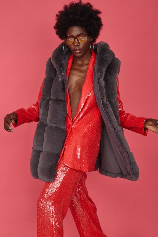 JAYLEY Grey Faux Fur Long Hooded Vest