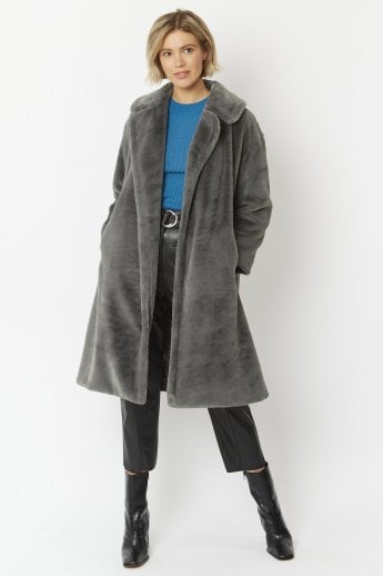 Grey Faux Fur Midi Shaved Shearling Coat