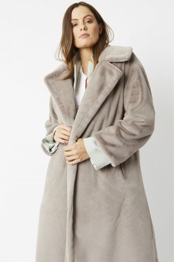 Grey Faux Fur Midi Shaved Shearling Coat