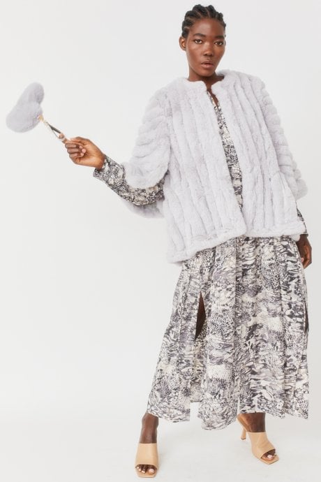 Grey Faux Fur Striped Coat