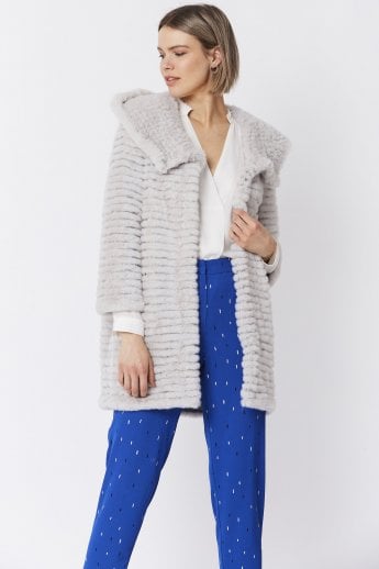 Grey  Faux Mink Fur Hooded Coat