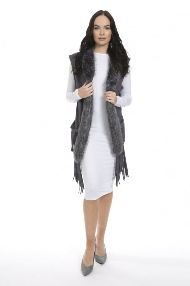 JAYLEY Grey Faux Suede and Faux Fur Vest