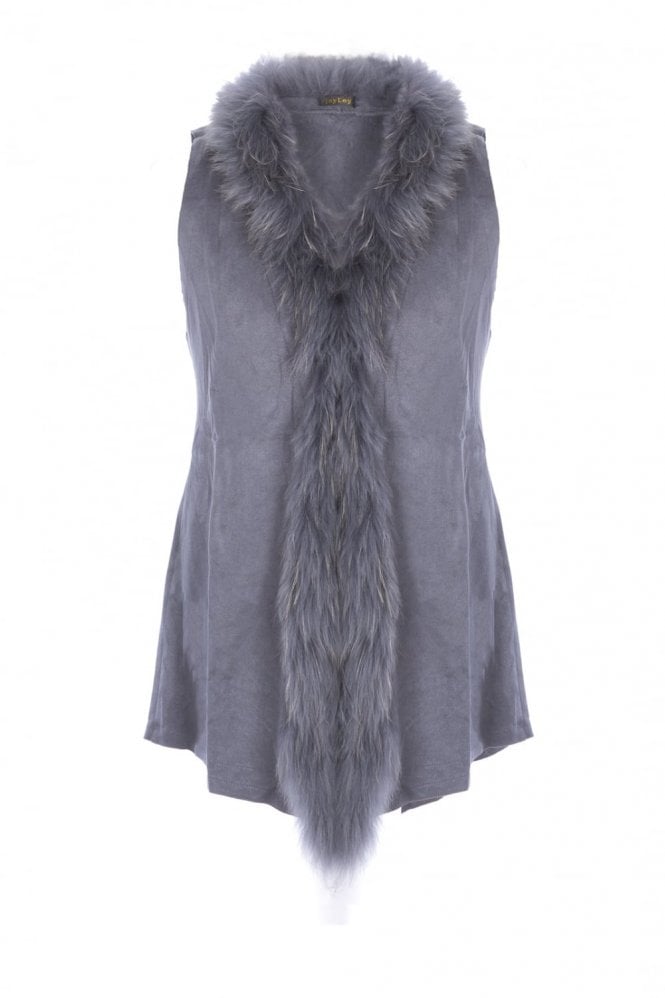 JAYLEY Grey Faux Suede and Fox Fur Gilet
