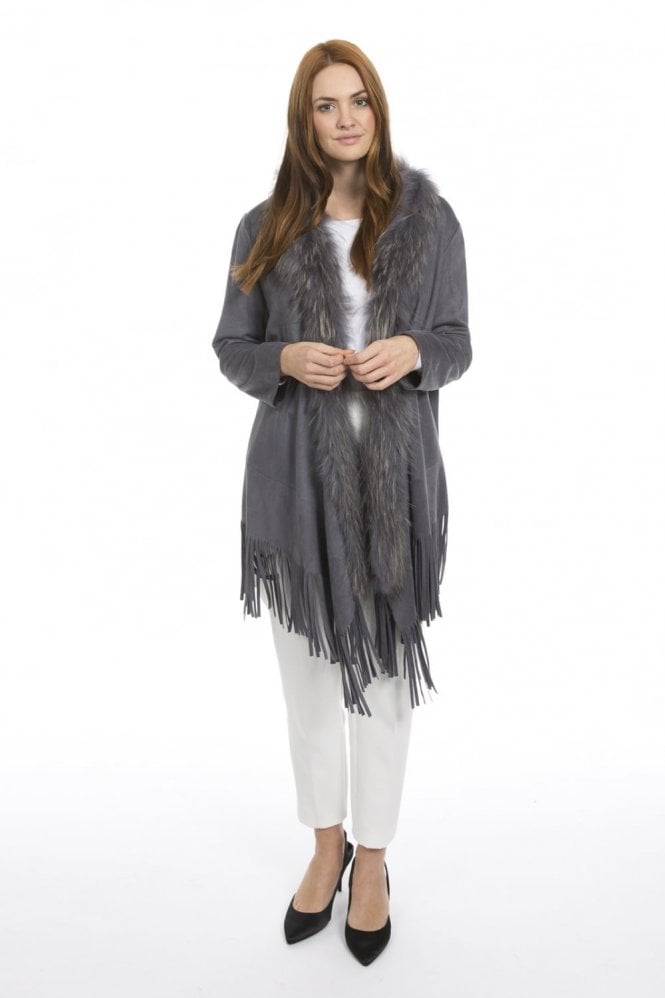 JAYLEY Grey Faux Suede and Fox Fur Tassel Trim Coat
