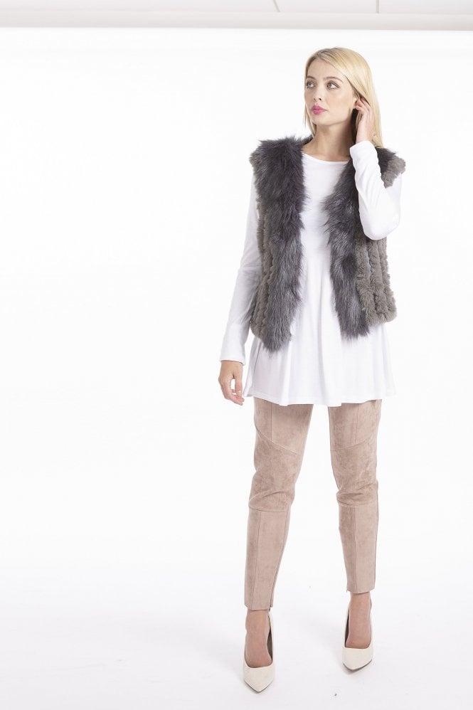 JAYLEY Grey Faux Suede and Knitted Faux Fur Vest