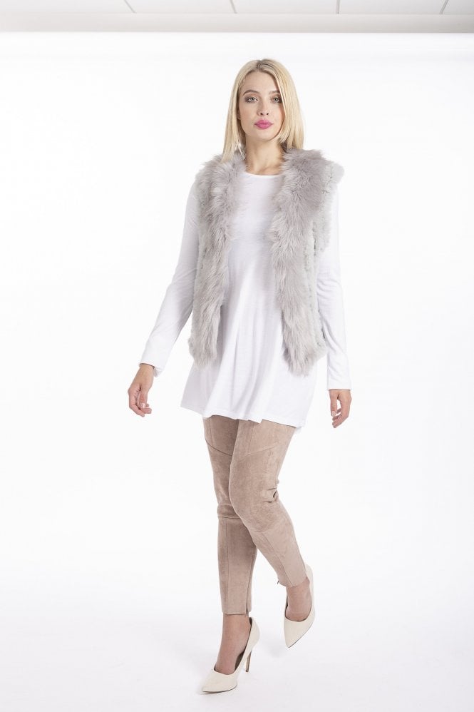 JAYLEY Grey Faux Suede and Knitted Faux Fur Vest