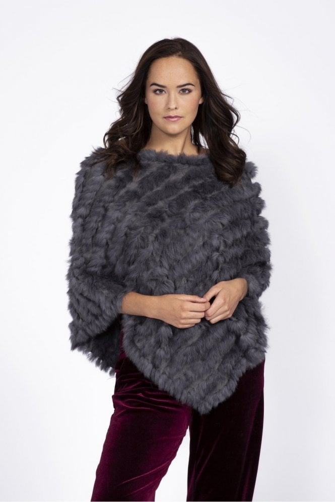 JAYLEY Grey Faux Suede Base Coney Fur Poncho