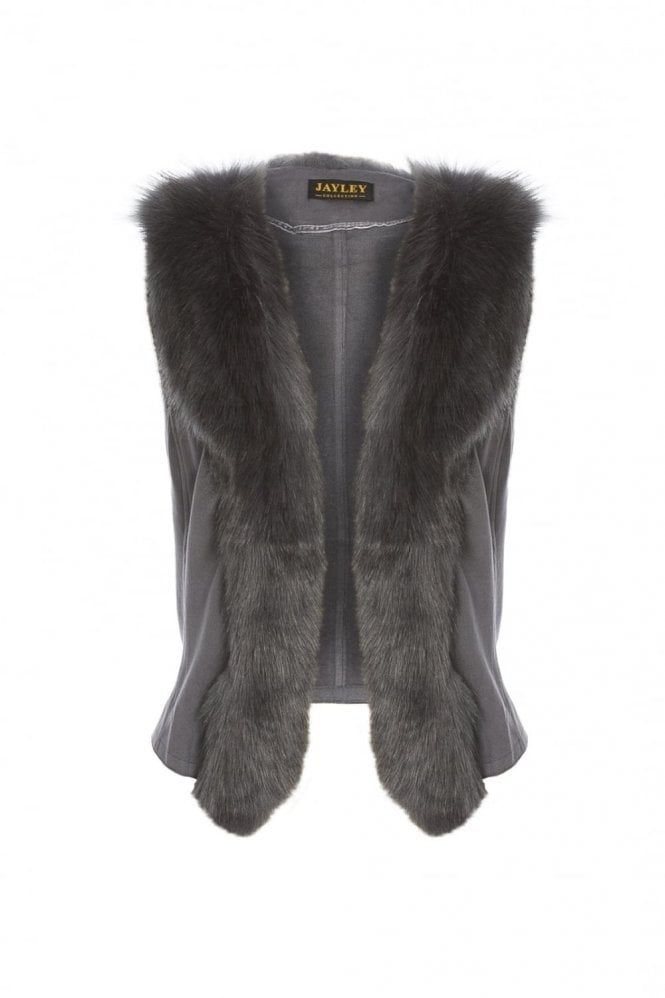 JAYLEY Grey Faux Suede Gilet with Faux Fur Collar