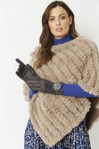 Grey Faux Suede Gloves With Faux Fur Pom