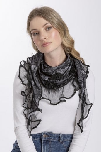 Grey Fine Knit and Lace Scarf