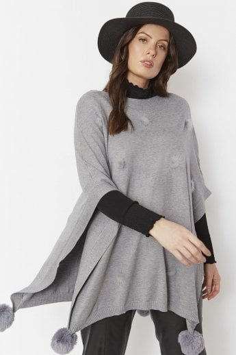 Grey Fine Knit Cashmere Blend Pom Pom Poncho