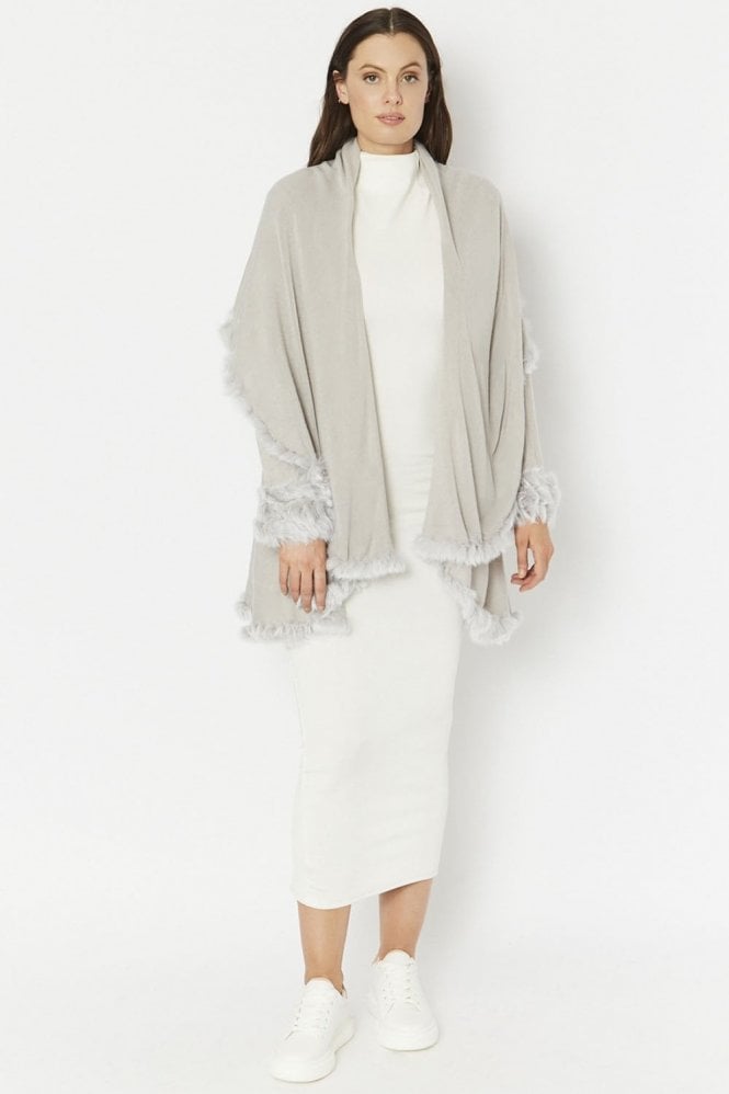 JAYLEY Grey Fine Knit Sleeved Cape Jacket with Coney Fur Trim