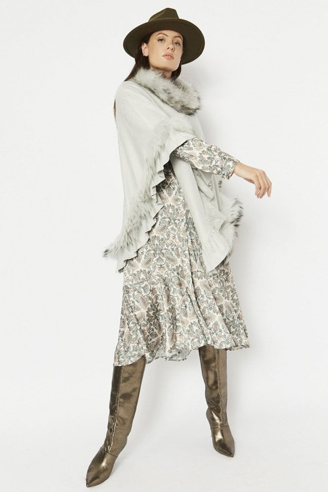 JAYLEY Grey Fox Fur and Faux Suede Poncho